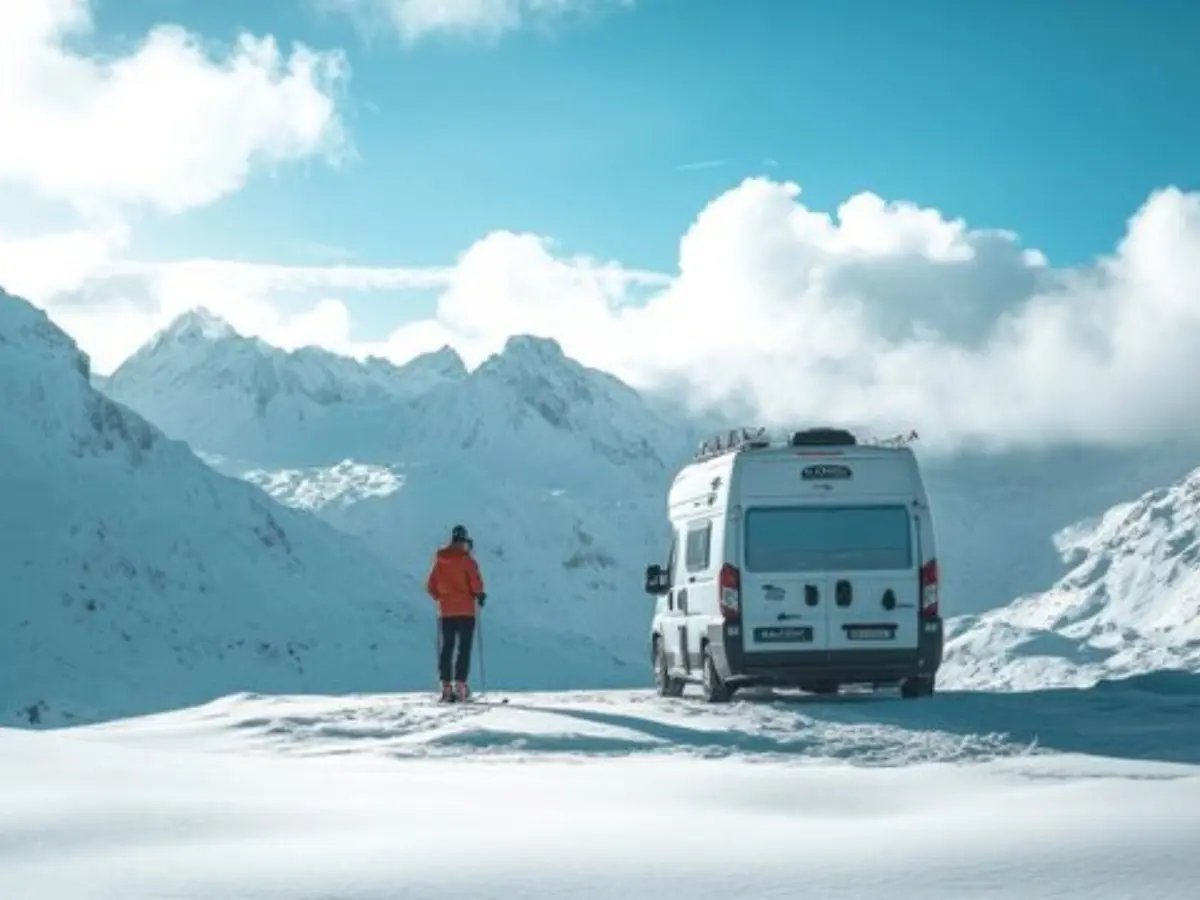 En vit van och en person stående bredvid, bland snötäckt glacier och berg.